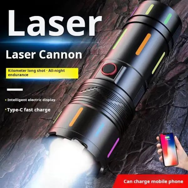 High Power White Laser LED Flashlight with Luminous Strips 3000 Meter Long-Range TYPE-C Rechargeable Zoomable Camping Lamp | পাওয়ার এলইডি ফ্ল্যাশলাইট রিচার্জেবল ক্যাম্পিং ল্যাম্প