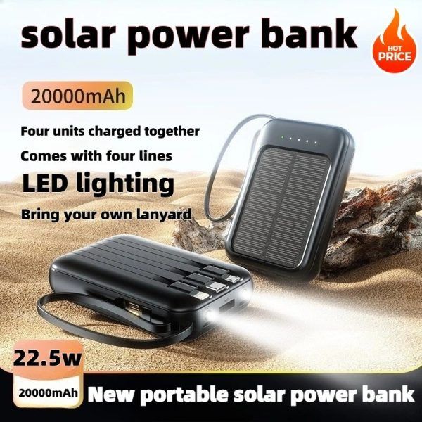 20000mAh Portable Solar Power Bank – Multi Cable Support with LED Light, Fast Charging Outdoor Backup Battery | পোর্টেবল সোলার পাওয়ার কেবল সাপোর্ট এলইডি লাইট ফাস্ট চার্জিং আউটডোর ব্যাটারি
