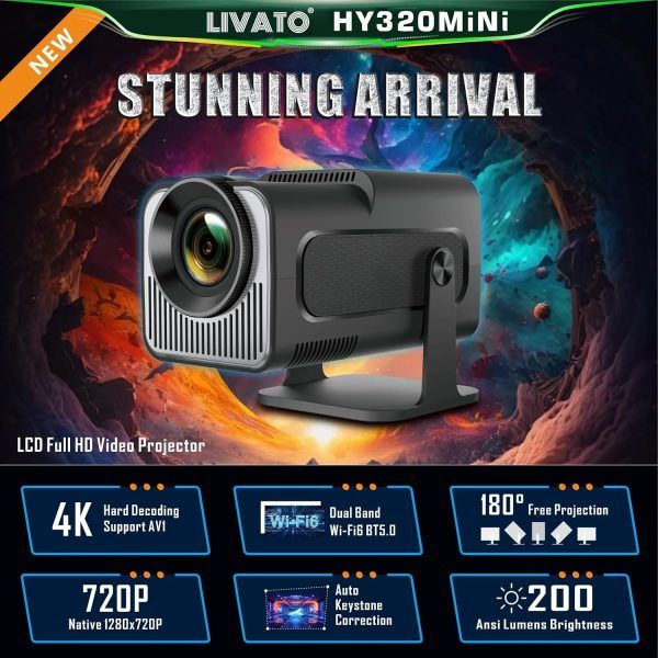 HY320 Smart Mini Portable Projector Android 11 – 4K Support, Native HD, WiFi Bluetooth HDMI, 180° Rotatable Auto Keystone Home Theater Projector | স্মার্ট মিনি পোর্টেবল প্রজেক্টর সাপোর্ট এইচডি ব্লুটুথ রোটেটেবল হোম