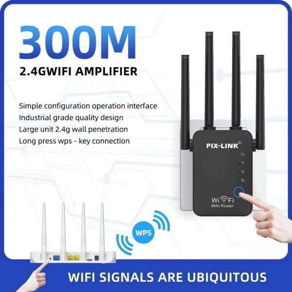 PIX-LINK N300 WiFi Repeater 300Mbps – 2.4G Wireless Signal Amplifier Router Range Extender with 4 External Antennas (WR09B) | ওয়্যারলেস