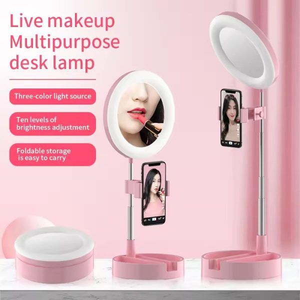 Professional Desktop Live Streaming Bracket with LED Ring Fill Light & Makeup Mirror – Adjustable Table Lamp for Mobile Camera & Content Creation | প্রফেশনাল এলইডি রিং লাইট মেকআপ মিরর আয়না টেবিল ল্যাম্প মোবাইল ক্যামেরা