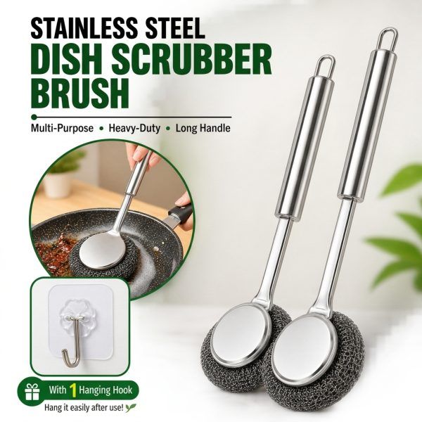 Stainless Steel Long Handle Dish Scrubber Brush – Multi-Purpose Heavy-Duty Cleaning Brush with Detachable Head & Hanging Hook for Dishes, Cookware & Kitchen Cleaning | স্টেইনলেস স্টিল ডিশ স্ক্রাবার ব্রাশ মাল্টিপারপাস হেভি-ডিউটি ক্লিনিং হ্যাঙ্গিং হুক