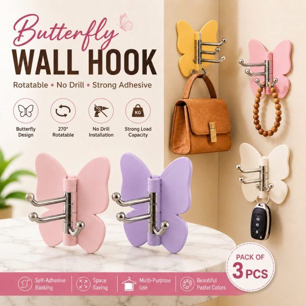3 Pcs Adjustable Rotatable Butterfly Wall Hooks – 270° Self-Adhesive No-Drill 3-Prong Multipurpose Hanger for Keys, Jewelry, Scarves, Entryway & Vanity, Bathroom, Kitchen & Bedroom (3 Pcs) | রোটেটেবল ওয়াল হুক মাল্টিপারপাস হ্যাঙ্গার জুয়েলারি বাথরুম