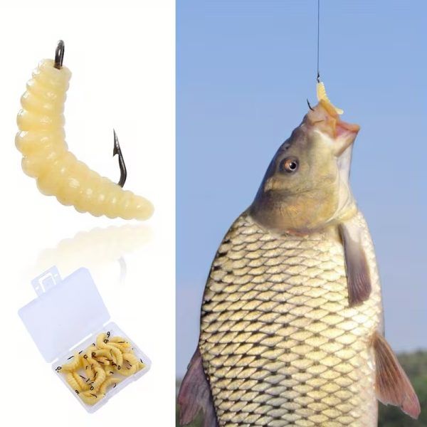 12PCS Artificial Maggot Fishing Baits with Hooks – Soft Realistic Worm Lures for Freshwater, Bass, Carp & Bream Fishing | ফিশিং হুক পিস