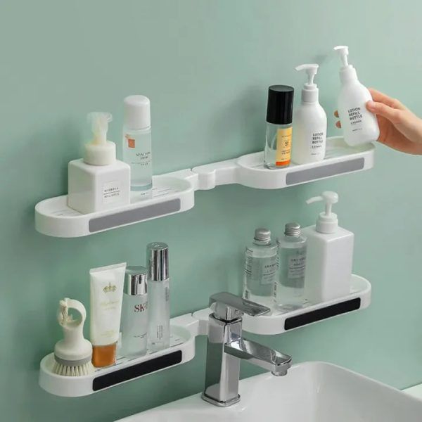 Wall Mounted Revolving Bathroom Shelf – Punch-Free Self-Adhesive Corner Storage Rack, Hard Plastic Shower & Kitchen Organizer (No Drilling Required) | ওয়াল মাউন্টেড বাথরুম শেলফ কর্নার স্টোরেজ র্যাক প্লাস্টিক শাওয়ার কিচেন রান্নাঘর অর্গানাইজার