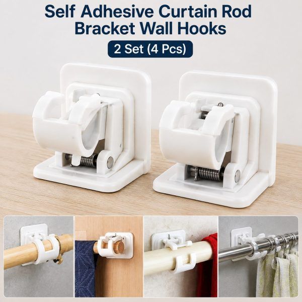 2 Set (4 Pcs) Self Adhesive Curtain Rod Bracket Wall Hooks – Durable Waterproof Curtain Pole Holder for Bathroom, Kitchen & Home | অ্যাডহেসিভ কার্টেন পর্দা রড ওয়াল হুক ডিউরেবল ওয়াটারপ্রুফ হোল্ডার বাথরুম কিচেন রান্নাঘর