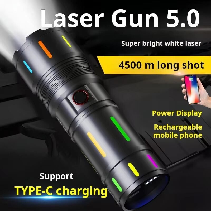 High Power White Laser LED Flashlight with Luminous Strips 3000 Meter Long-Range TYPE-C Rechargeable Zoomable Camping Lamp | পাওয়ার এলইডি ফ্ল্যাশলাইট রিচার্জেবল ক্যাম্পিং ল্যাম্প Specification 1