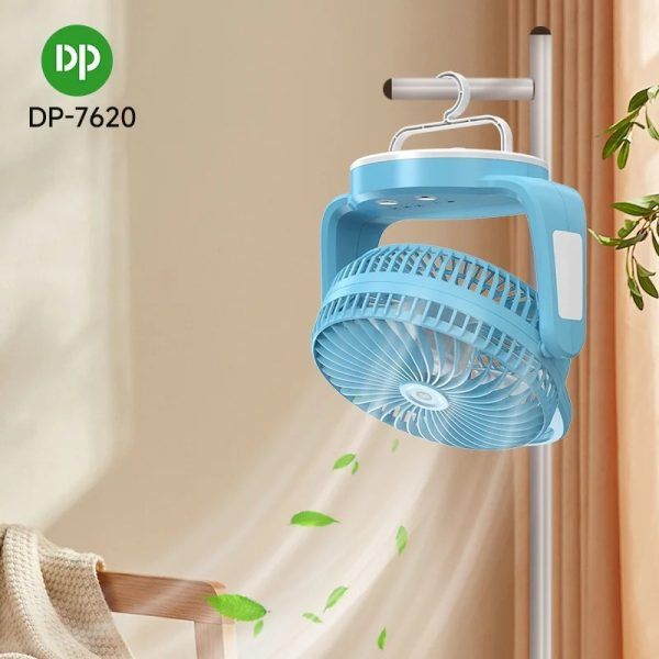 DP-7620 Rechargeable Desktop Fan with LED Light &amp; Hanging Hook – Portable Multi-Function Cooling Fan | রিচার্জেবল ফ্যান এলইডি লাইট হ্যাঙ্গিং হুক পোর্টেবল মাল্টিফাংশনাল কুলিং Specification 1