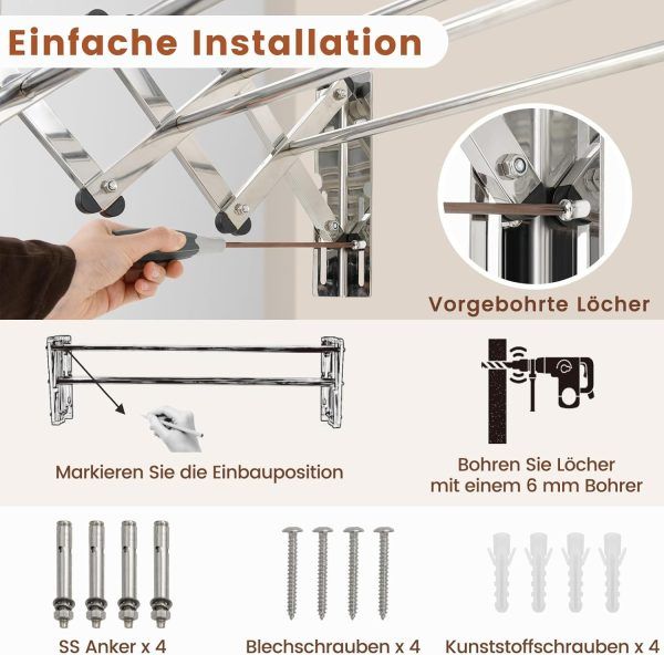 Wall Mounted Clothes Drying Racks Extendable Stainless Steel Airer Dryer Towel Rails Balcony Airer Clothes Dryer (KD074) | ওয়াল মাউন্টেড কাপড় ড্রাইং এক্সটেন্ডেবল স্টেইনলেস স্টিল ড্রাইয়ার তোয়ালে বারান্দা Specification 1
