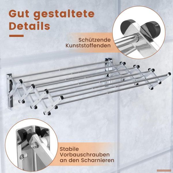 Wall Mounted Clothes Drying Racks Extendable Stainless Steel Airer Dryer Towel Rails Balcony Airer Clothes Dryer (KD074) | ওয়াল মাউন্টেড কাপড় ড্রাইং এক্সটেন্ডেবল স্টেইনলেস স্টিল ড্রাইয়ার তোয়ালে বারান্দা Specification 2