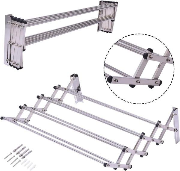 Wall Mounted Clothes Drying Racks Extendable Stainless Steel Airer Dryer Towel Rails Balcony Airer Clothes Dryer (KD074) | ওয়াল মাউন্টেড কাপড় ড্রাইং এক্সটেন্ডেবল স্টেইনলেস স্টিল ড্রাইয়ার তোয়ালে বারান্দা Specification 3